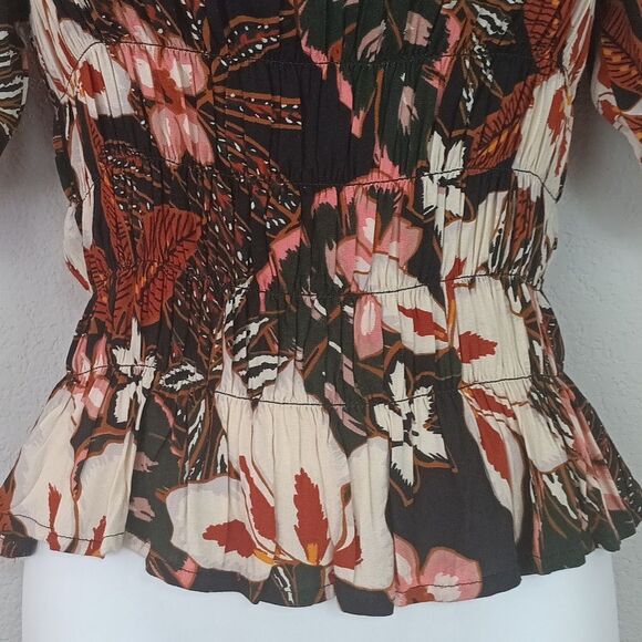 Womens Tropical/ Floral Puff Sleeve Square Neck Smocked Boho Top Sz XS - Picture 3 of 9